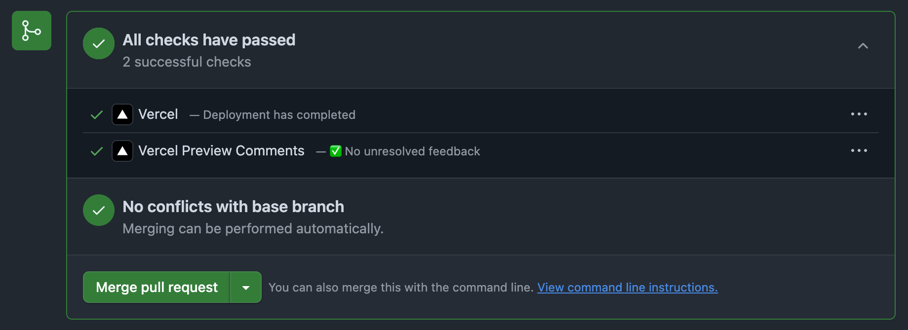 GitHubのプルリクエスト画面で、Vercelによる2件のチェックが成功し、ベースブランチとの競合もないことが確認された状態。「Merge pull request」ボタンが緑色で有効になっている。